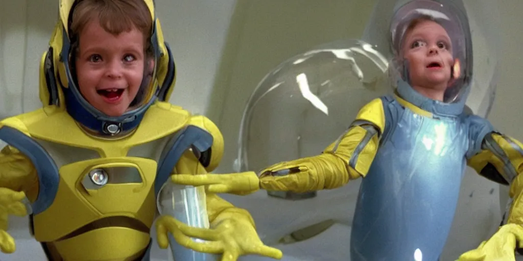Image similar to lightning bug descendant 1 million in the future has hands and a mouth with big eyes. the bug wears a spacesuit, and explores the cosmos in a spaceship. science fiction blockbuster movie bugs save the planet or the bug from saturn, silent running ( film ), sttng ( television ), arrival ( film ), lightyear ( film )