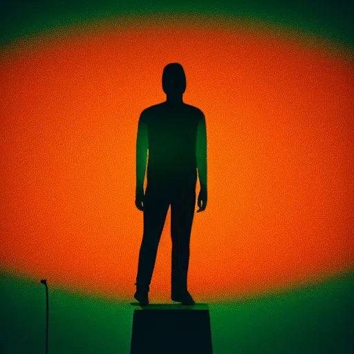 Image similar to a cinema c 4 d 3 d render of a small silhouette of a man standing in front of orange, green and cyan neon glowing vertical stripes by beeple, trending on artstation, 8 k resolution