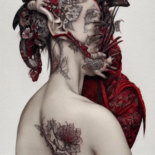 Image similar to ultra realistic illustration, beautiful woman dressed in red kimono, backview, tattoos, in the style of gerald brom by weta digital and beth cavener, high face symmetry, intricate, masterpiece, award winning, high face symmetry, intricate