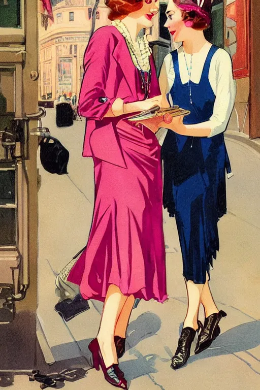 Prompt: high quality illustration of a pretty woman talking on her iphone while walking in the streets of New York in style of 1920s full color illustration by J.C. Leyendecker, colorful color palette