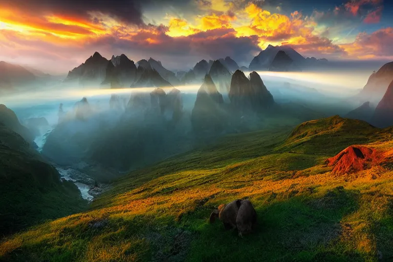 Image similar to landscape photography of ciucas by marc adamus, morning, mist, rays of light, beautiful