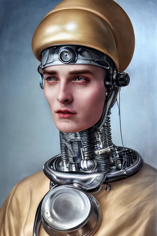 Image similar to a beautiful ultradetailed vintage photo of a futuristic cybernetic cyborg male wearing a tall white chef hat and an apron, by tom bagshaw and natalie shau, portrait, 3 5 mm lens, golden ratio composition, detailed face, studio photography, very detailed, humanoids, industrial robots, artstation, 8 k, highly coherent