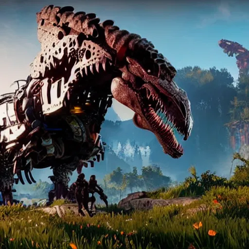 Image similar to gameplay of horizon zero dawn, six - fi mechanical tyrannosaurus rex, highly detailed