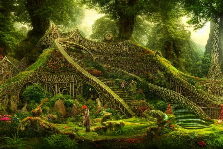 Image similar to a beautiful and highly detailed digital painting of an elven structure in a lush forest in a beautiful valley, psychedelic, trees and plants and flowers, celtic, intricate details, epic scale, 8 k, sharp focus, photorealism, artstation, cgsociety, by caspar friedrich, albert bierstadt, james gurney, brian froud,