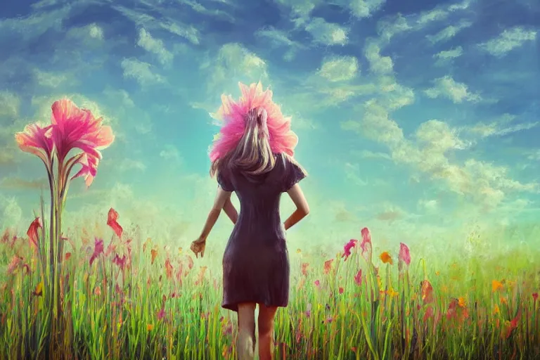 Image similar to giant gladiola head, girl walking in field of flowers, surreal photography, sunrise, blue sky, dramatic light, impressionist painting, digital painting, artstation, simon stalenhag