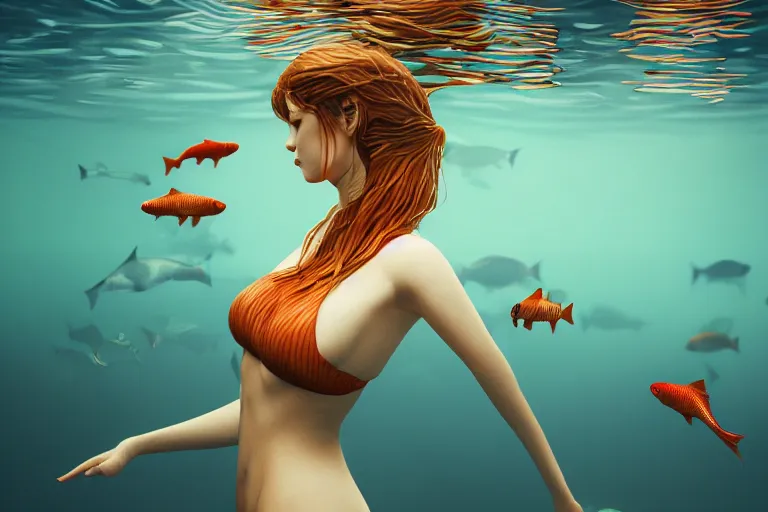 Image similar to long shot photo of fishes swimming around woman, highly detailed, photorealistic, reflections, smooth, sharp focus, concept art, illustration, beautiful, geometric, trending on artstation, cinematic, featured on behance , artwork by WLOP and Tran, Ross