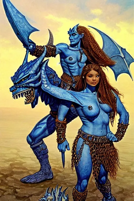 Image similar to a small blue-skinned triton girl wearing scale armor riding on a the shoulders of a large male goliath wearing fur and leather armor, dnd concept art, painting by Clyde Caldwell