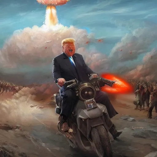 Prompt: masterpiece painting of donald trump riding a nuclear missile, surreal background, digital art by krenz cushart, trending on artstation, cgsociety,