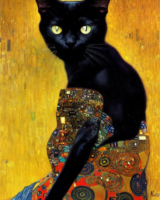 Image similar to black noir cat portrait an oil painting splashes with many colors and shapes by gustav klimt greg rutkowski and alphonse mucha, polycount, generative art, psychedelic, fractalism, glitch art