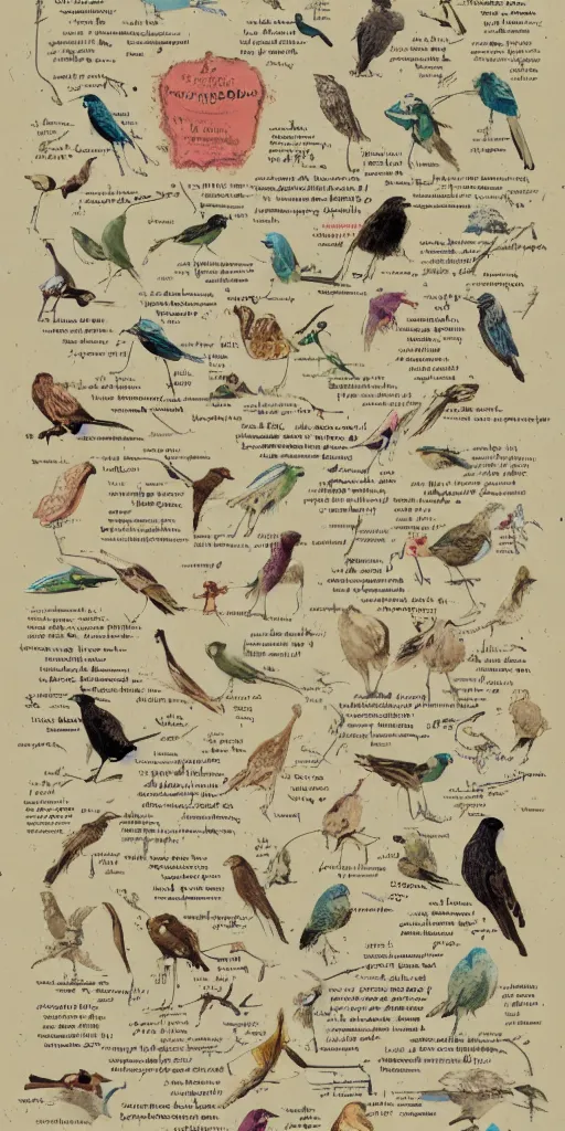 Prompt: anatomy of a bird, diagrams, map, marginalia, sketchbook, old script, inhabited initials, pastel infographic by Wes Anderson and victo ngai