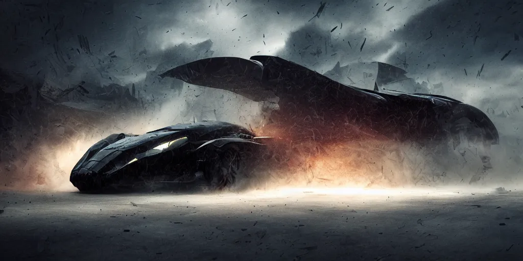 Prompt: the batmobile caught in the flow of time. octane render. 8 k. dark. atmospheric. cinematic. spectacular. sense of awe. debris. mist. strong winds. super slowmotion. matte painting painted by sparth and craig mullins