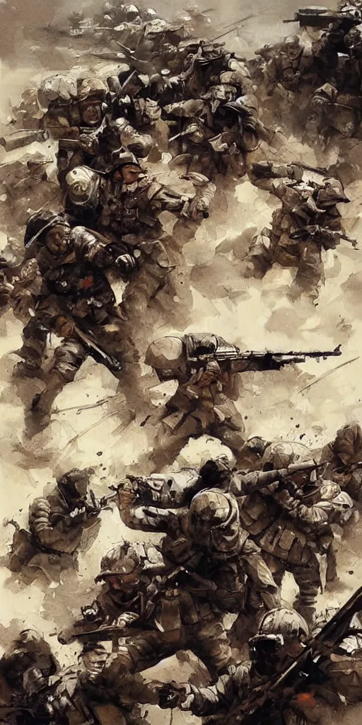 Image similar to oil painting scene from battlefield by kim jung gi