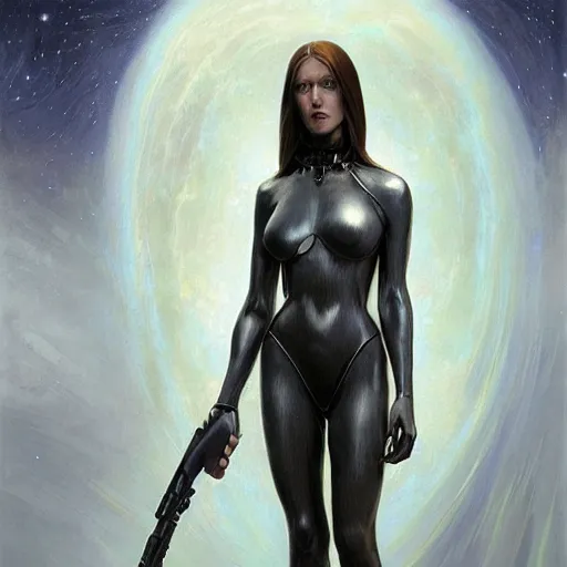 Prompt: pleiadian woman with big eyes and long silver hair wearing a dark body suit and holding a plasma gun as a realistic sci fi character, portrait art by donato giancola and greg rutkowski, digital art, trending on artstation, standing in a barren field, full body, long silver hair