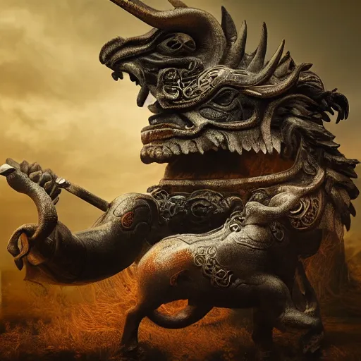 Prompt: The Chinese Zodiac sign of ox warrior, traditional Chinese textures, hyper detail, Unreal engine,Octane render, by Brooke Shaden