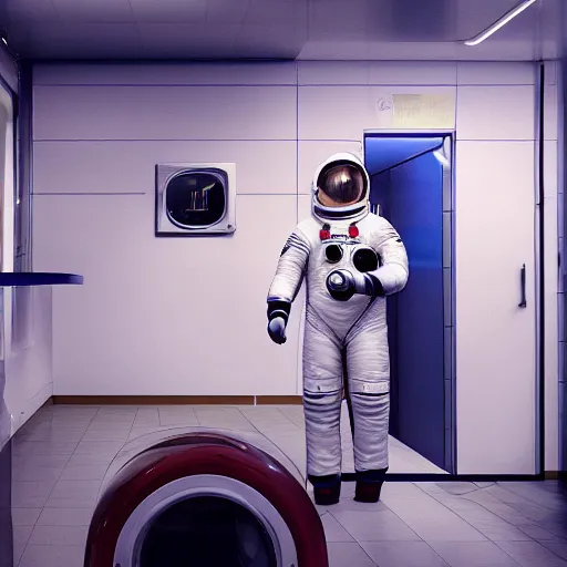 Image similar to a beautiful photo of an astronaut waiting in a laundromat, soft light, morning light, photorealistic, realistic, octane, 8k, cinematic shot