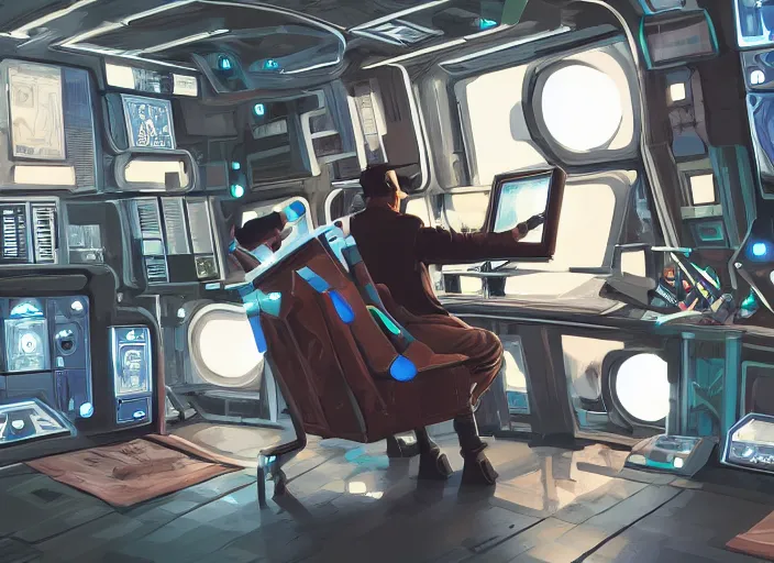 Prompt: a man sitting on a chair with things attached to his head, screens and monitors in front of him playing videos, ship interior, narrow hallway, scifi colors, dramatic lighting, dark, spotlight, surreal, by rutkowski, fuji choko, hoang lap