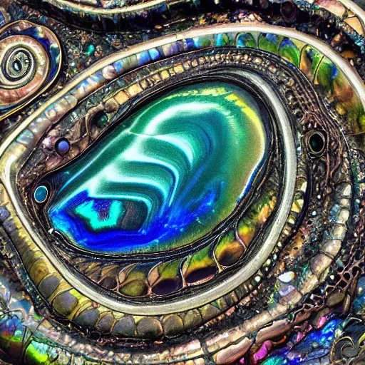 Image similar to Art Nouveau cresting oil slick waves, hyperdetailed bubbles in a shiny iridescent oil slick wave, ammolite, druzy, detailed giant opalized ammonite shell, black opal, abalone, paua shell, ornate copper patina medieval ornament, rococo, organic rippling spirals, octane render, 8k 3D, druzy geode, cresting waves and seafoam