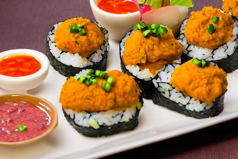 Image similar to vadapav sushi, commercial food photography