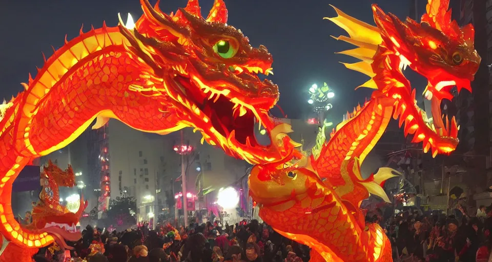 Image similar to glowing dragon puppets at chinese new year parade, beautiful, soft lighting, artstation, storybook