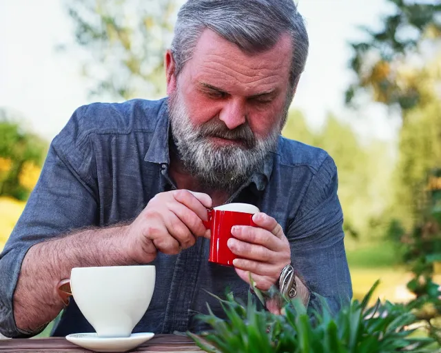 Image similar to mr robert is drinking fresh tea in a garden from spiral mug, detailed calm face, grey short beard, golden hour, red elegant shirt