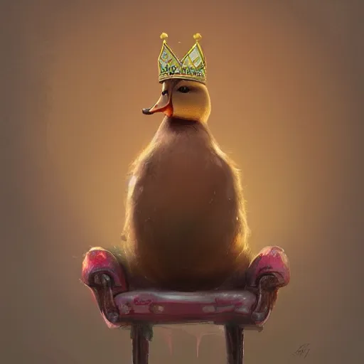 Prompt: A duck wearing a crown, snide expression on his face, sitting on a throne, digital art, artstation, Mandy Jurgens, CGSociety, WLOP