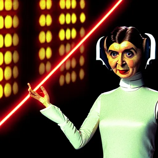 Image similar to mr. bean as princess leia from star wars. movie still. cinematic lighting.