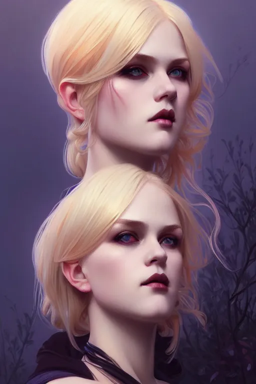 Prompt: a beautiful blond goth girl, fantasy, portrait, sharp focus, intricate, elegant, digital painting, artstation, matte, highly detailed, concept art, illustration, ambient lighting, art by ilya kuvshinov, artgerm, Alphonse mucha, and Greg Rutkowski