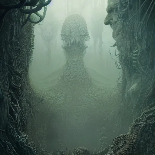 Prompt: epic alien jungle by zdzisław beksinski, greg rutkowski and ernst haeckel. highly detailed, hyper - real, very beautiful, intricate fractal details, very complex, opulent, epic, mysterious, trending on deviantart and artstation