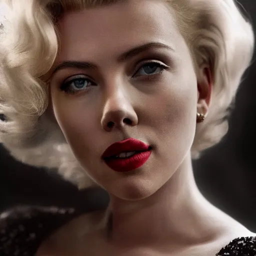 Image similar to stunning awe inspiring scarlett johansen as marilyn monroe, movie still 8 k hdr atmospheric lighting