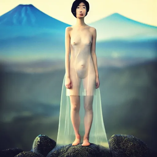 Image similar to a instax photo of fuji mountain, a tall japanese girl in a transparent sheer fabric dress against the background of fuji mountain, perfect faces, fine details, severe snow, full body shot, perfect symmetrical body, coherent symmetrical eyes, by peter kemp, by monia merlo, hyperrealistic, hyperdetailed, octane render, 8 k