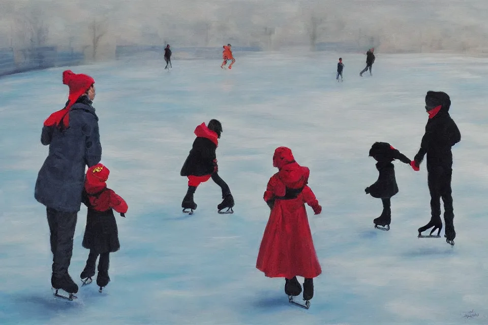 Prompt: “ice skating child and parent, surreal painting, wide angle”