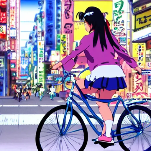 Prompt: anime girl riding bicycle in highly detailed akihabara, studio ghibli style, by hayao miyazaki, sharp focus, highly detailed, 4k