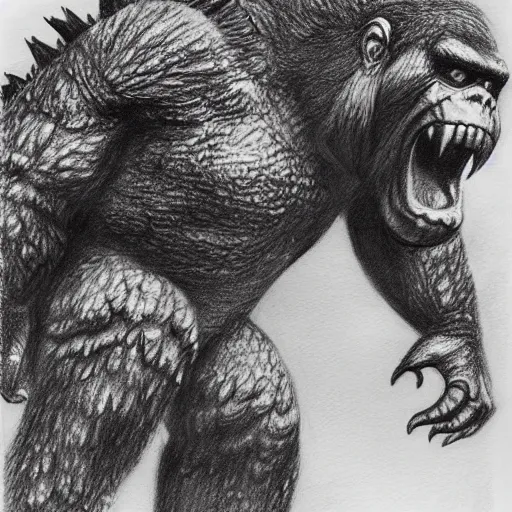 Image similar to Godzilla Fighting King Kong, beautiful, pencil sketch, HD,highly detailed