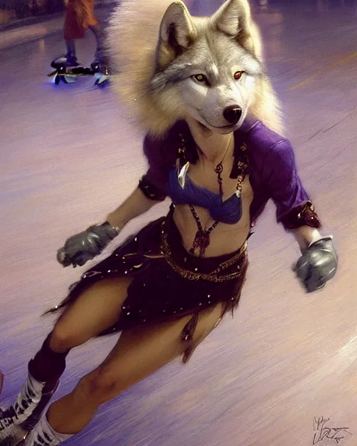 Image similar to white female anthro wolf skating at a roller derby, 4 k, furaffinity, trending on artstation, very expressive detailed face, energetic, speed, motion blur, by gaston bussiere, craig mullins, j. c. leyendecker, gustav klimt, artgerm, greg rutkowski, alphonse mucha