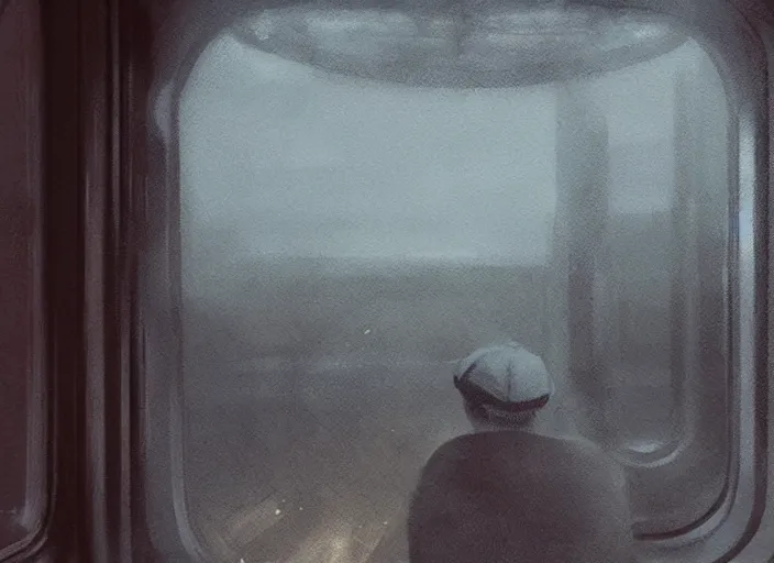 Prompt: man looks out of a train window, dim lighting, lonely, digital art, by wlop, by yoshitaka amano, highly detailed, expressive painting, dark atmosphere, moody, octane render