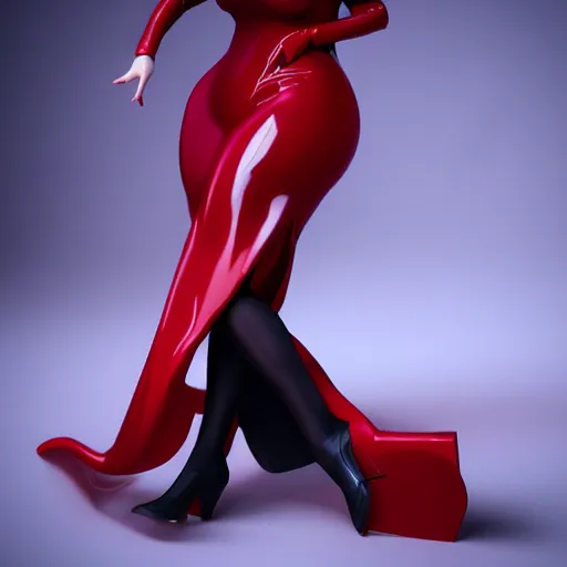 Image similar to a feminine curvy young hot demoness wearing a modest regal black-red latex-nylon dress, dark eyeshadow, eyelashes, cgsociety, photorealistic, sublime-hyperadvanced-seductive ambience, 16k, smooth, sharp focus, trending on ArtStation, volumetric lighting, fully clothed, thin waist