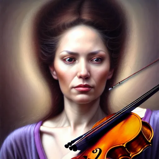 Prompt: closeup portrait photo of a woman playing violin, intricate, elegant, highly detailed, centered, digital painting, artstation, concept art, smooth, sharp focus, illustration, artgerm, tomasz alen kopera, peter mohrbacher, donato giancola, joseph christian leyendecker, wlop, boris vallejo