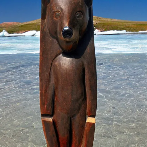 Prompt: soapstone carving of a bear on a sup, stand up paddleboard, in the style of soapstone carving, in the inuit style, stone,