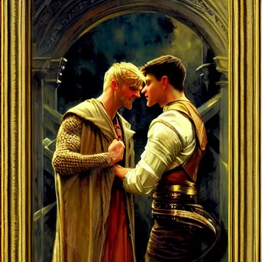 Prompt: attractive arthur pendragon in love with attractive male merlin the mage. highly detailed painting by gaston bussiere, craig mullins, j. c. leyendecker