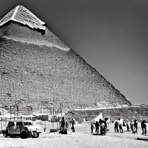 Prompt: a photograph of the great pyramid of giza at the early stages of construction with heavy scaffolding in place, the top of the pyramid has yet to be built, dslr high resolution
