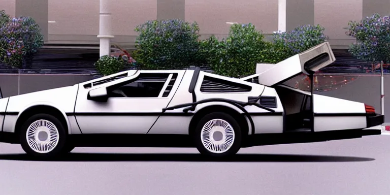 Image similar to Photoreal Cinematography of a photorealistic Delorean Time Machine From Back To The Future Parked in Twin Pines Mall in 1985 with one door open