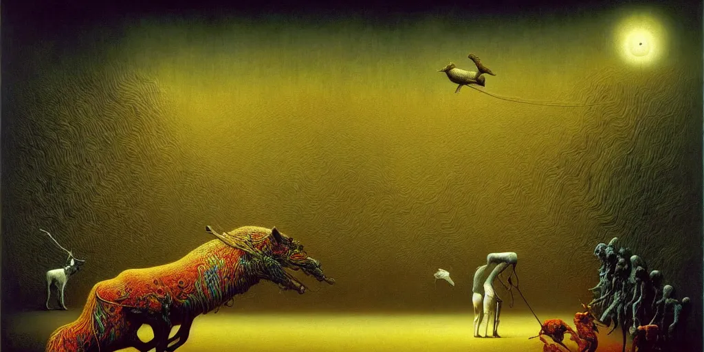 Prompt: imginary animals abstract oil painting by gottfried helnwein pablo amaringo raqib shaw beksinski cinematic sci - fi carl spitzweg