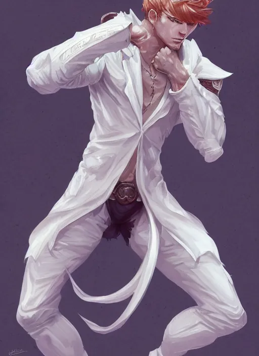Prompt: a highly detailed illustration of short ginger haired man wearing white suit, dramatic holding grimoire pose, muscular, intricate, elegant, highly detailed, centered, digital painting, artstation, concept art, smooth, sharp focus, league of legends concept art, WLOP