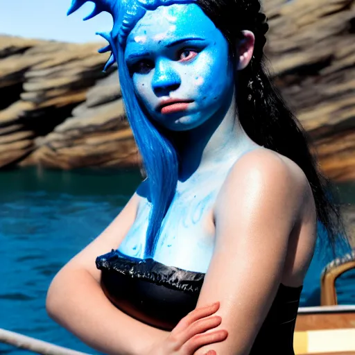 Image similar to a dnd Triton girl with blue skin and messy black hair wearing a black swimsuit sitting on the deck of a ship and holding an apple, a little blue-skinned girl with messy black hair sharp pointed ears freckles along the ridges of her cheeks, dnd triton, high resolution film still, 4k, HDR colors