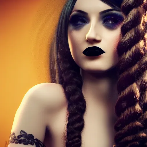 Image similar to goth girl curling her hair, 4K, photorealistic, HD