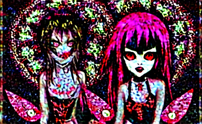 Image similar to spiked bloodmoon sigil stars draincore, goregrind album cover, baroque bedazzled gothic royalty frames surrounding a hellfire hexed witchcore aesthetic, dark vhs broken hearts, neon glyphs spiked pixelsort fairy kei decora doll by guro manga artist shintaro kago