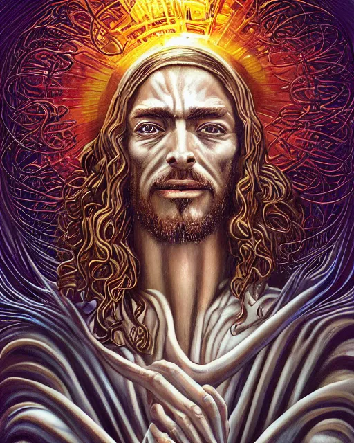 Image similar to jesus christ in a supermarket, by antonio j. manzanedo, giger, alex grey, android jones, wayne barlowe, philippe druillet, raymond swanland, cyril rolando, josephine wall, harumi hironaka, trending on artstation