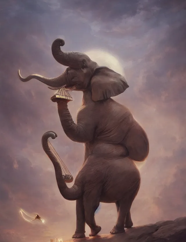 Prompt: painting of a man with an elephant face wearing bard costume and holding a harp, epic, trending on artstation, masterpiece, cinematic lighting, by ross tran and by greg rutkowski