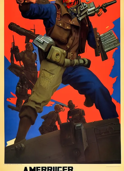 Prompt: american propaganda poster. cyberpunk mercenary. portrait by jean giraud and anton otto fischer and john philip falter and will eisner and gil elvgren. realistic proportions. tf 2, overwatch.