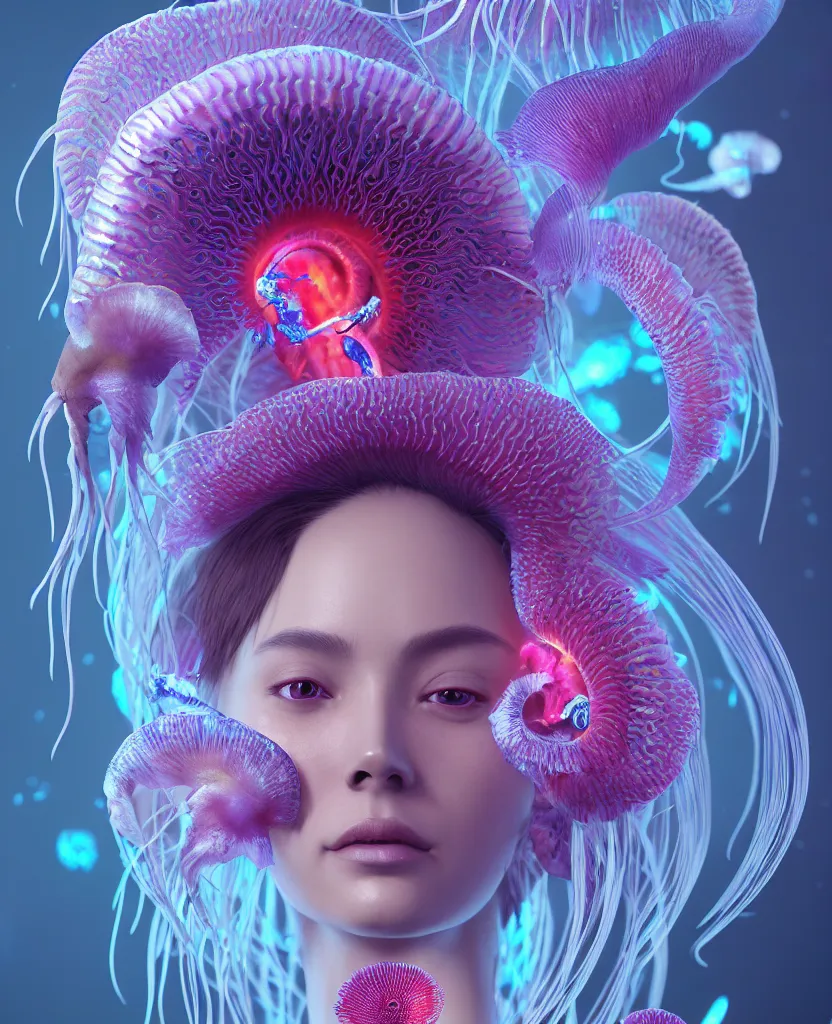 Image similar to goddess close-up portrait. orchid jellyfish phoenix head, nautilus, skull, betta fish, bioluminiscent creatures, intricate artwork by Tooth Wu and wlop and beeple. octane render, trending on artstation, greg rutkowski very coherent symmetrical artwork. cinematic, hyper realism, high detail, octane render, 8k